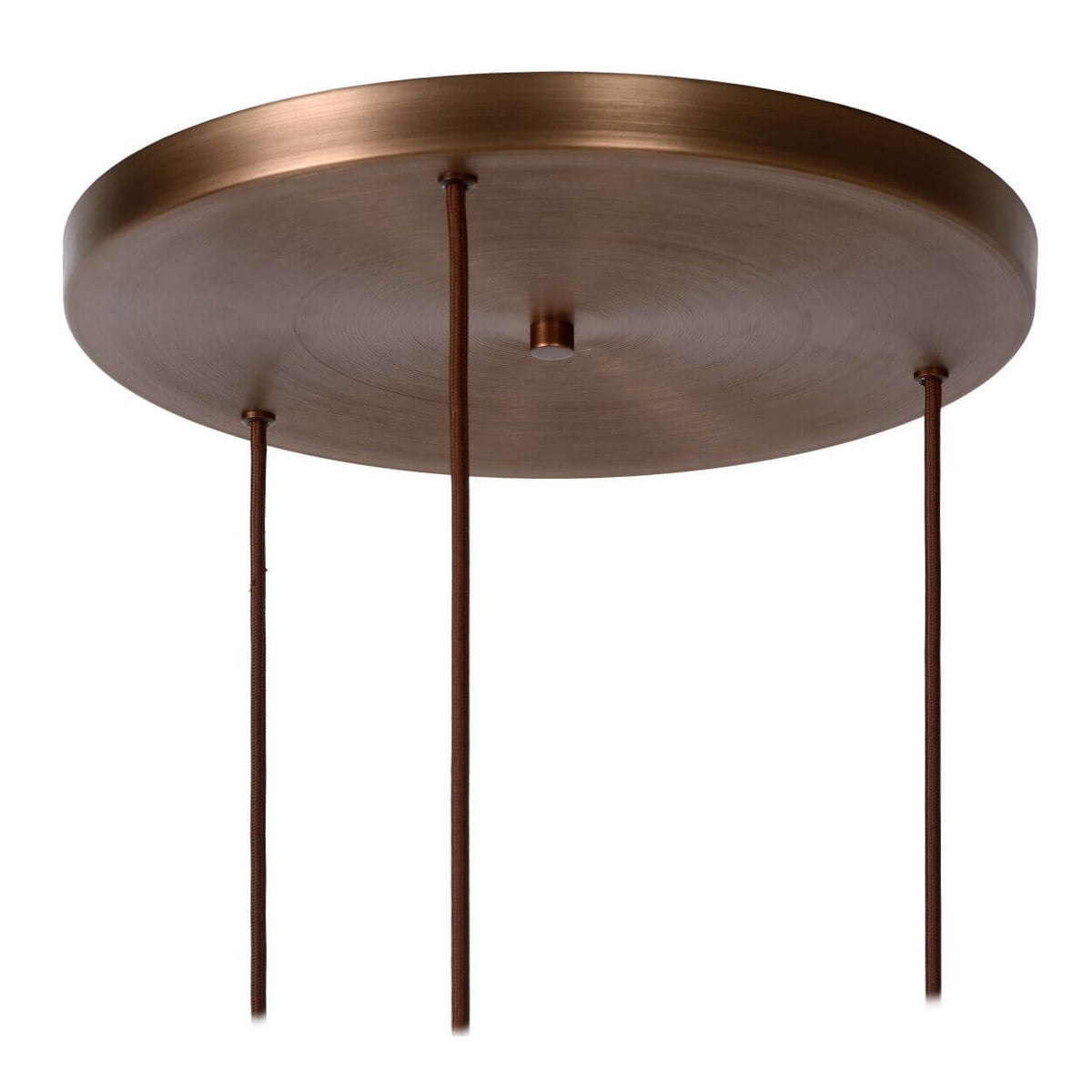 Détail de la rosace ronde en métal cuivré et des trois cordons descendant du plafond.