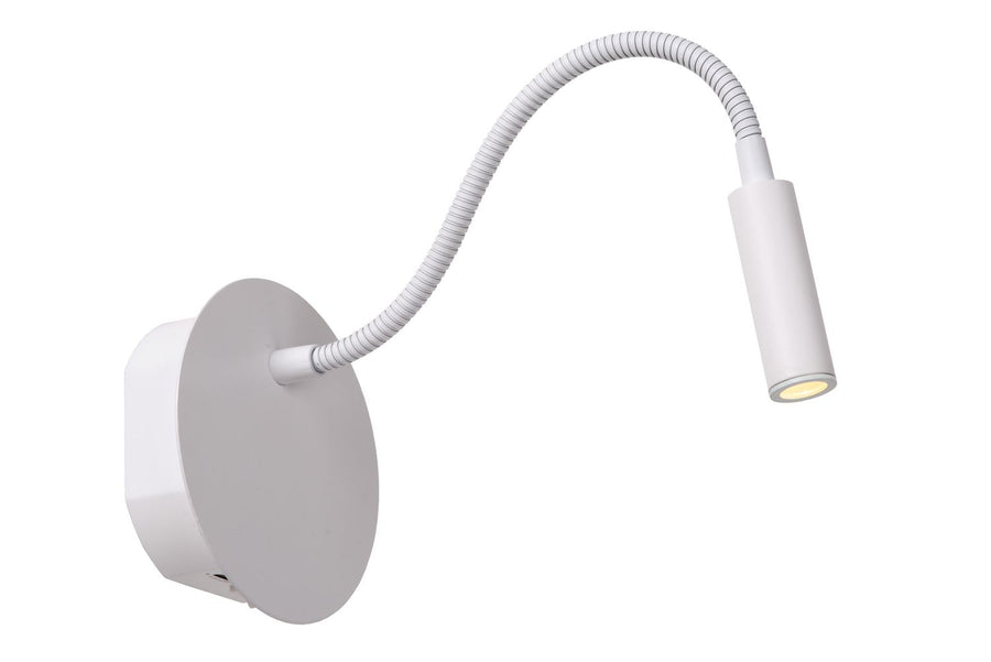 Produit seul sur fond blanc, bras flexible blanc et tête cylindrique allumée