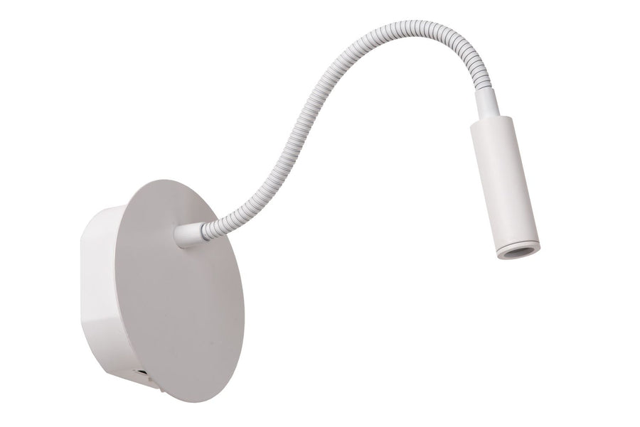 Vue de trois quarts du luminaire blanc, tête cylindrique éteinte, fond neutre