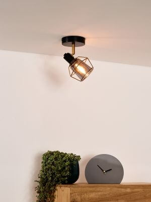 Plafonnier noir et fumé installé au plafond, au-dessus d’une plante et d’une horloge.