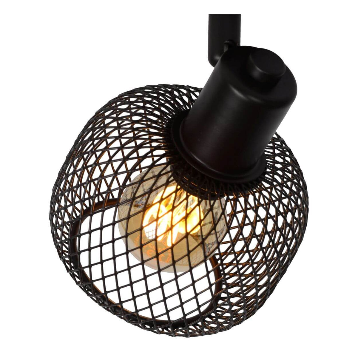 Gros plan du produit : cage sphérique noire et ampoule à filament allumée