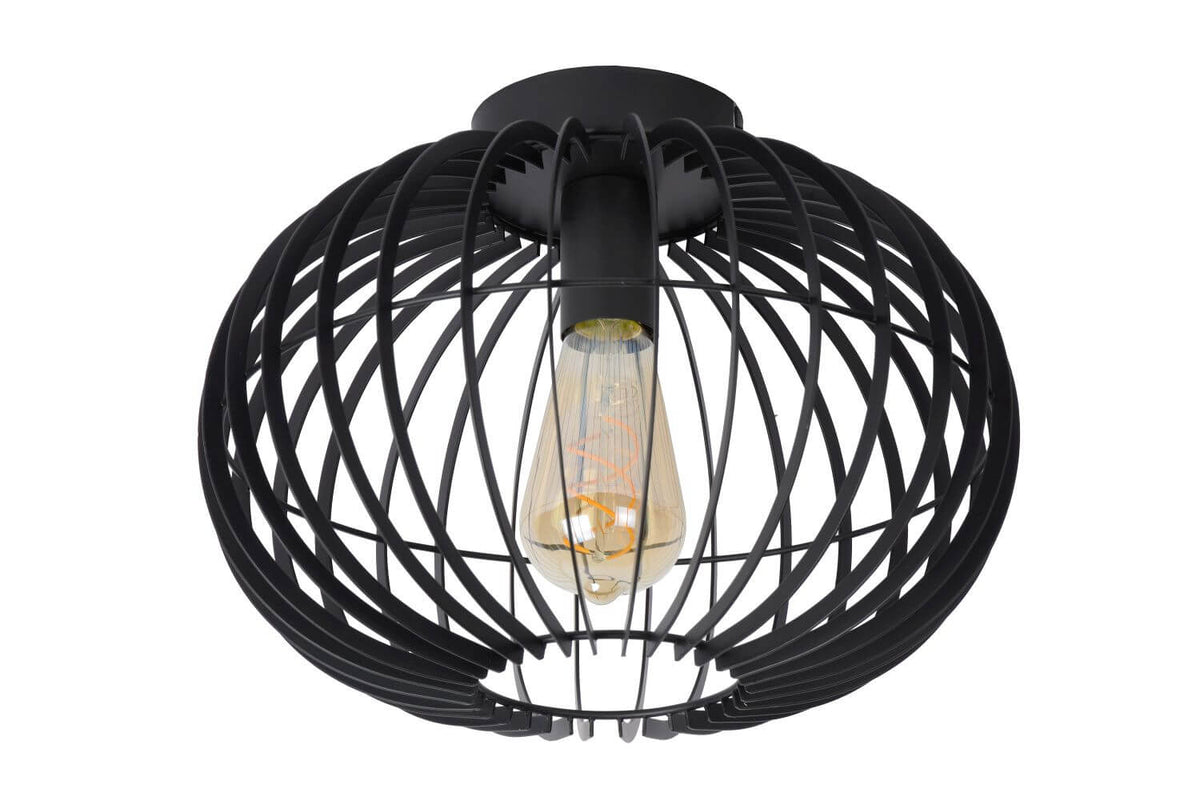 Autre angle du luminaire sur fond blanc, montrant les tiges incurvées du panier