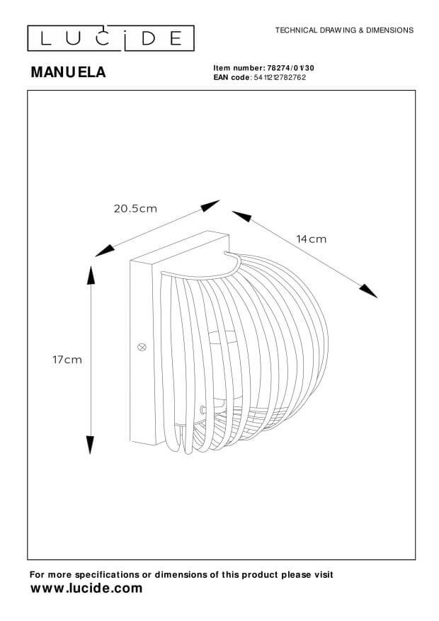 Schéma technique coté du luminaire avec largeur, hauteur et profondeur