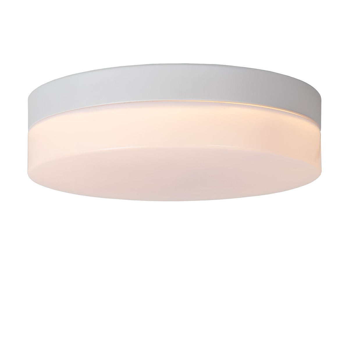 Plafonnier blanc allumé vu de dessous, lumière douce et socle blanc circulaire