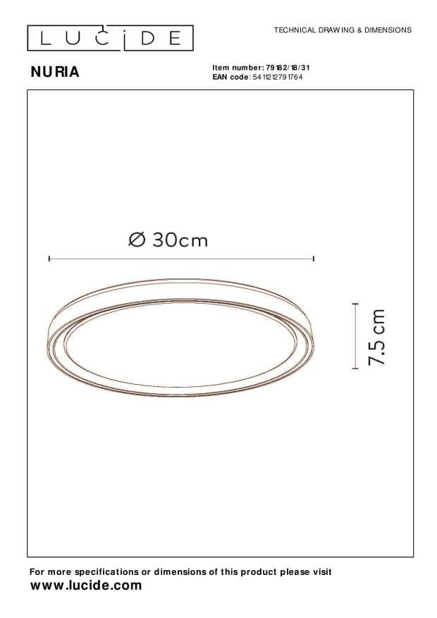 Schéma technique coté du plafonnier rond avec diamètre 30 cm et hauteur 7,5 cm.