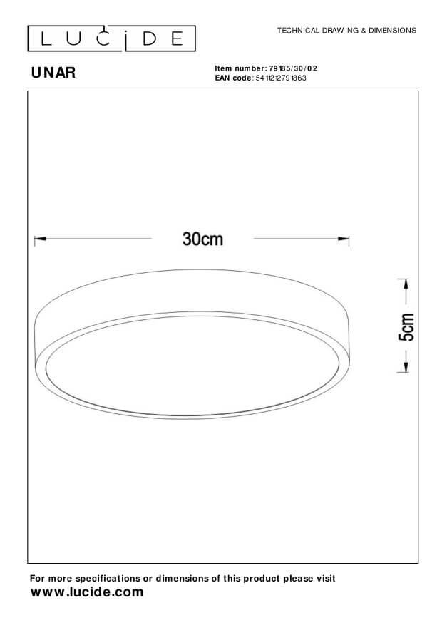 Schéma technique coté du plafonnier rond, diamètre 30 cm et hauteur 5 cm.