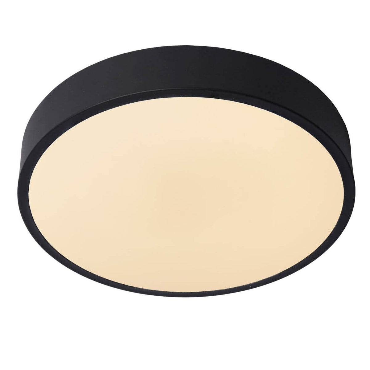Même plafonnier présenté de face, cerclage noir et diffuseur opale uniformément lumineux.