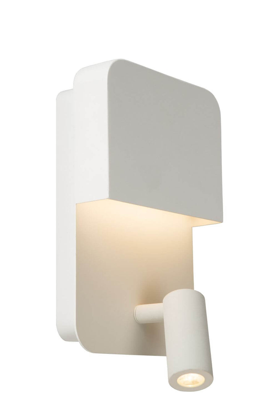 Vue trois quarts du luminaire blanc montrant le projecteur orientable et le diffuseur.
