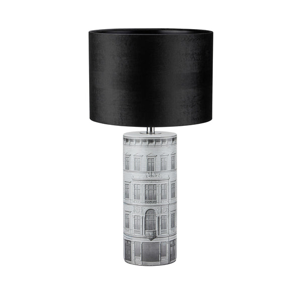 Lampe à poser Ichi en céramique grise et noire, abat-jour en velours