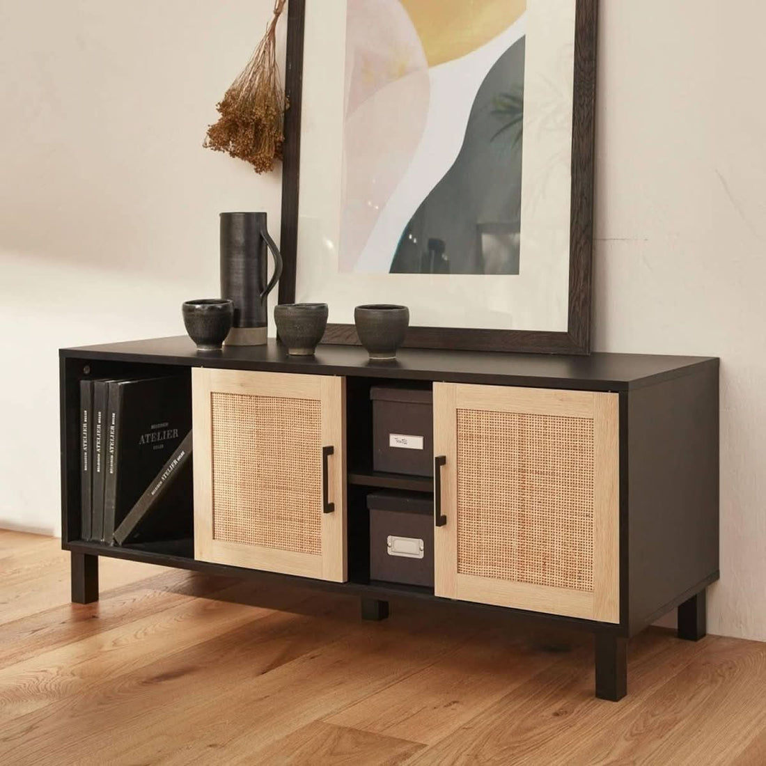 Meuble TV Noir Cannage | Fleur