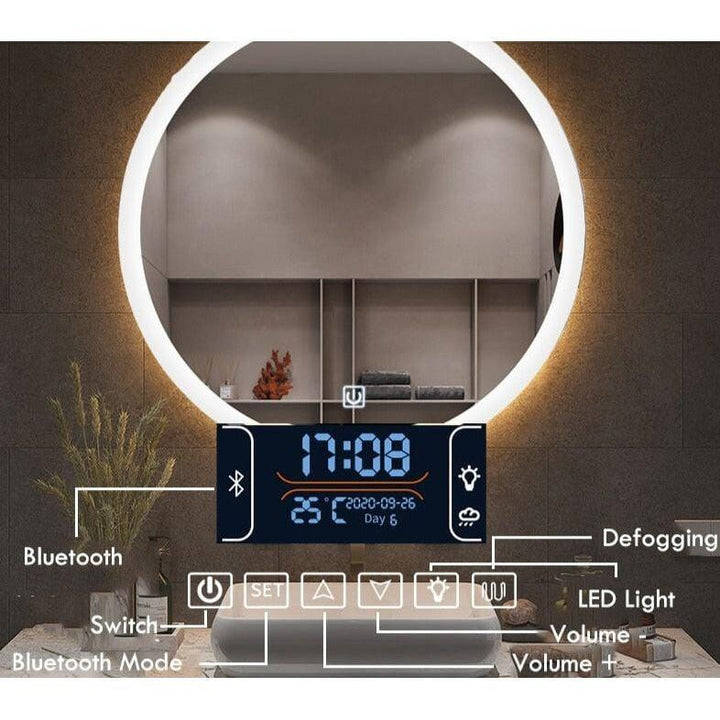 Miroir Rond Salle de Bain | Azuré - Designix Miroir 3 Couleurs | Désembuage | Horloge | Bluetooth 50cm
