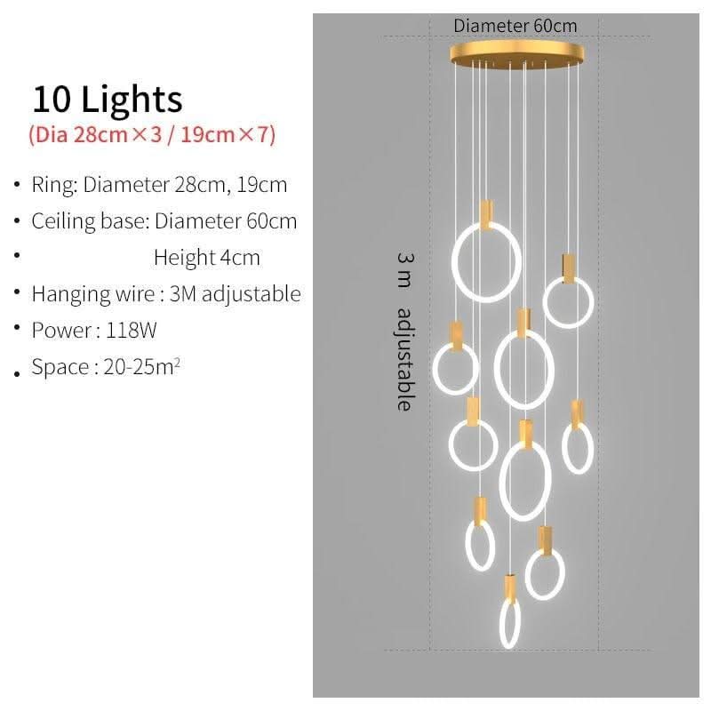 Modern LED Chandelier Ceiling Living Room Acrylic Ring Stairs Deco Hanging Lights Dining LED Pendant Lamps | Designix - 0 10 lights-Gold China Warm light - https://designix.fr/