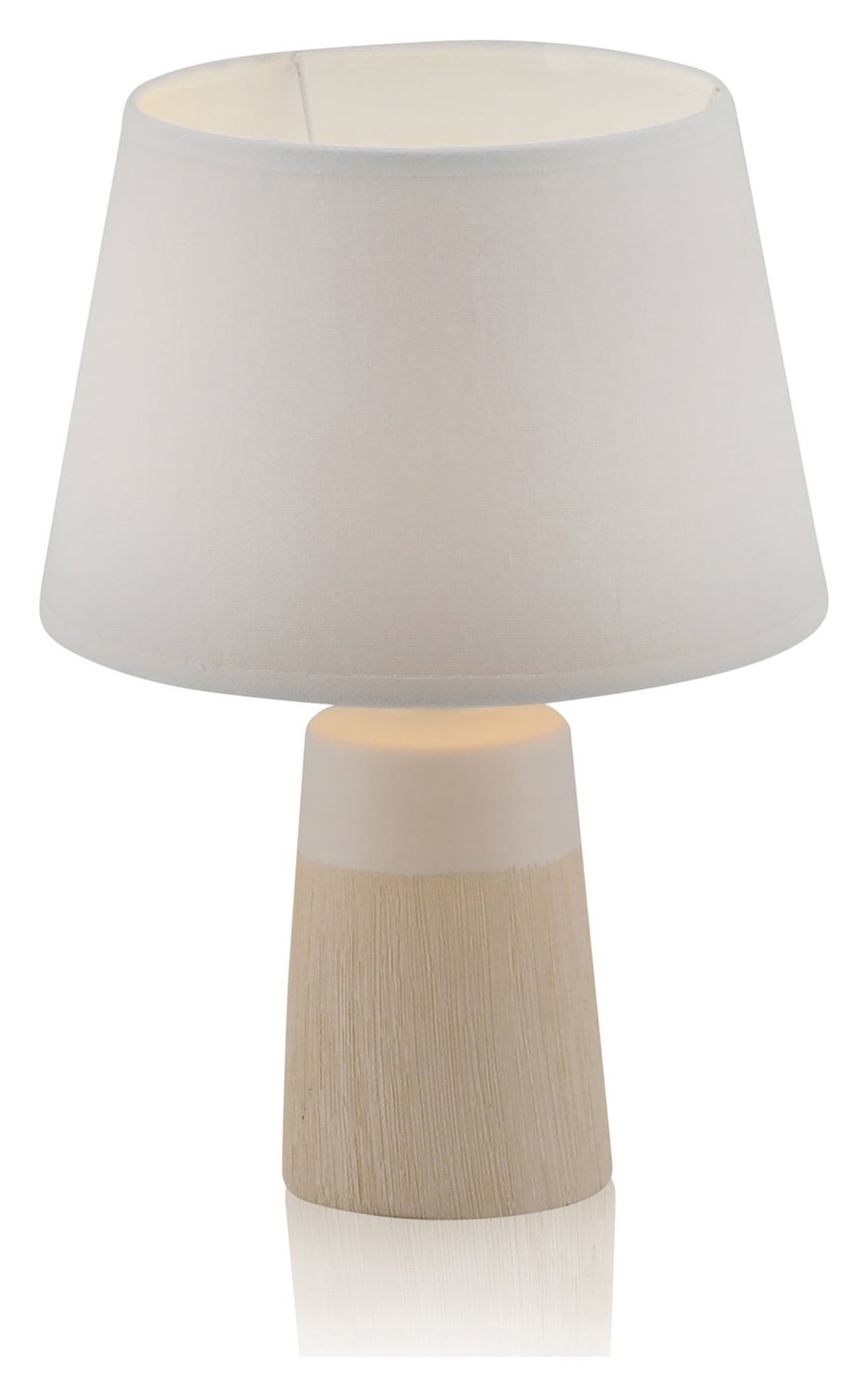 Lampe à poser présentée de face sur fond blanc, abat-jour lumineux et socle en bois clair.