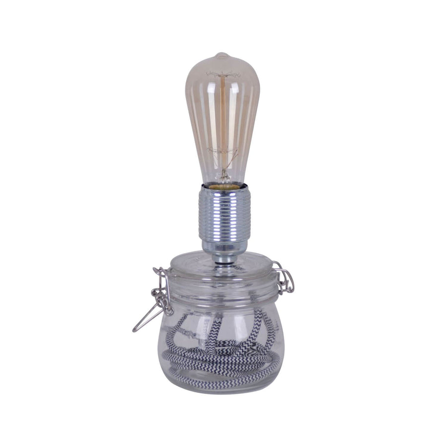 Lampe à poser en verre transparent avec ampoule à filament et cordon textile enroulé à l'intérieur