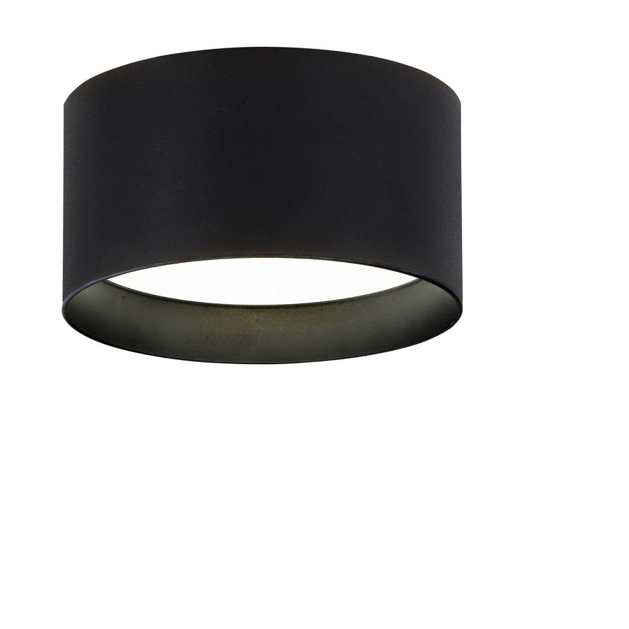 Plafonnier cylindrique noir mat presenté de face sur fond blanc neutre