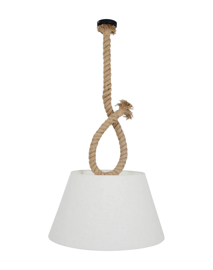 Photo produit d'une suspension en corde avec abat-jour conique blanc sur fond blanc.