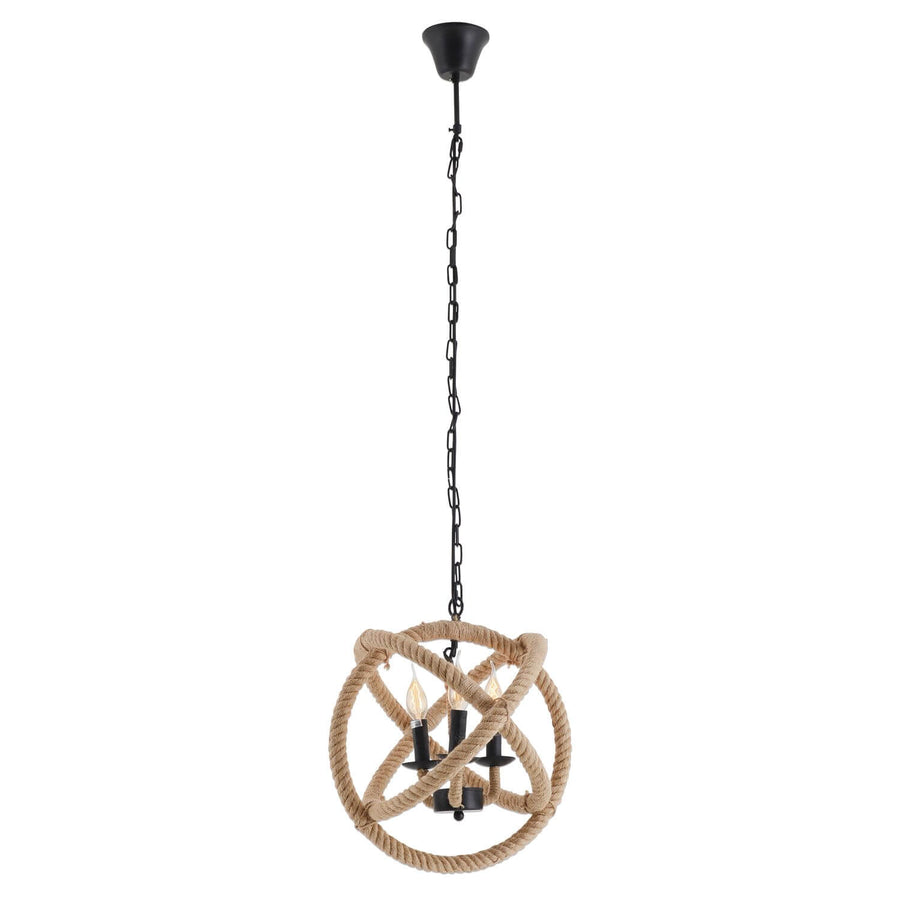 Suspension complète sur fond blanc, chaîne noire et sphère en corde tressée.