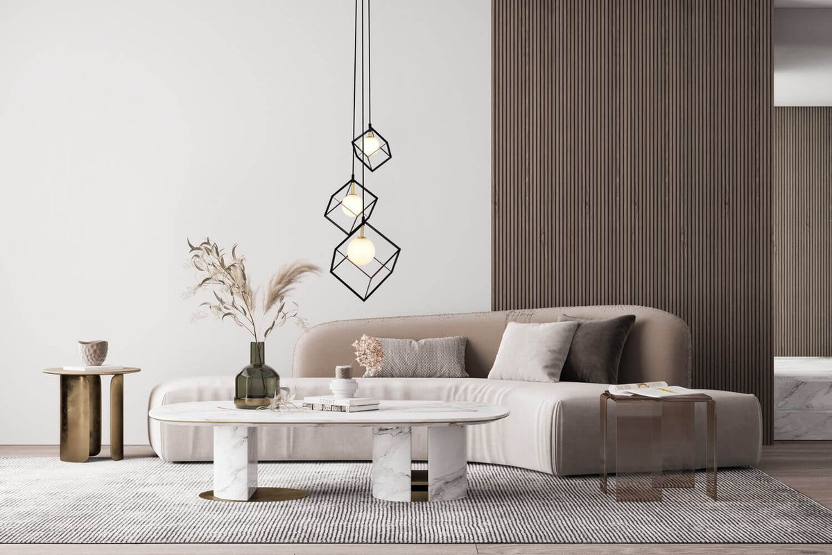 Mise en ambiance salon contemporain, suspension cascade au-dessus d'une table basse en marbre
