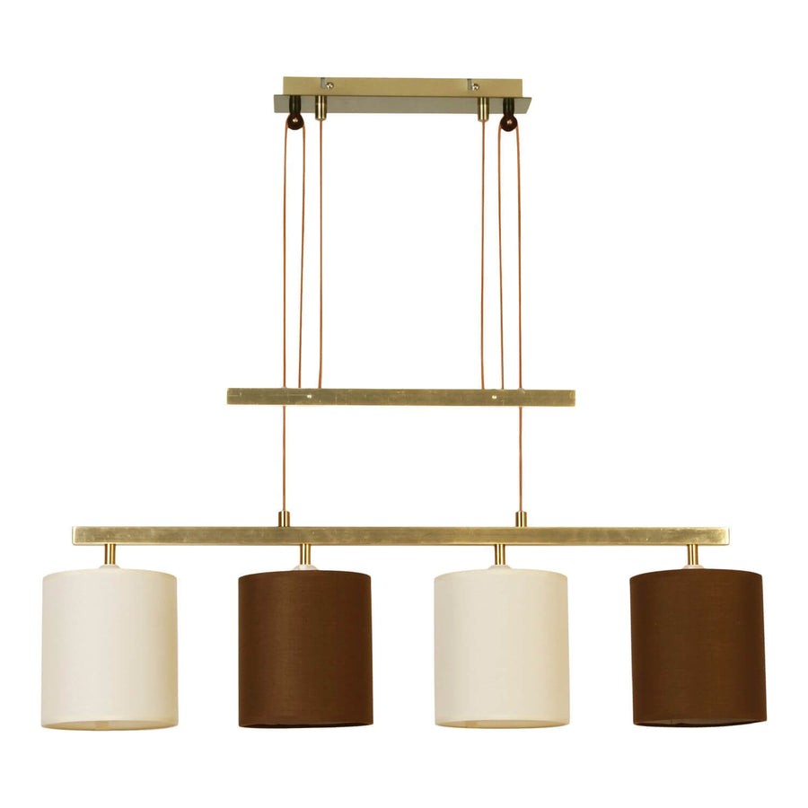 Suspension laiton à quatre abat-jours cylindriques alternés blanc et brun, vue de face produit.
