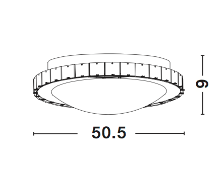Schéma technique coté du plafonnier rond, diamètre 50,5 cm et hauteur 9 cm