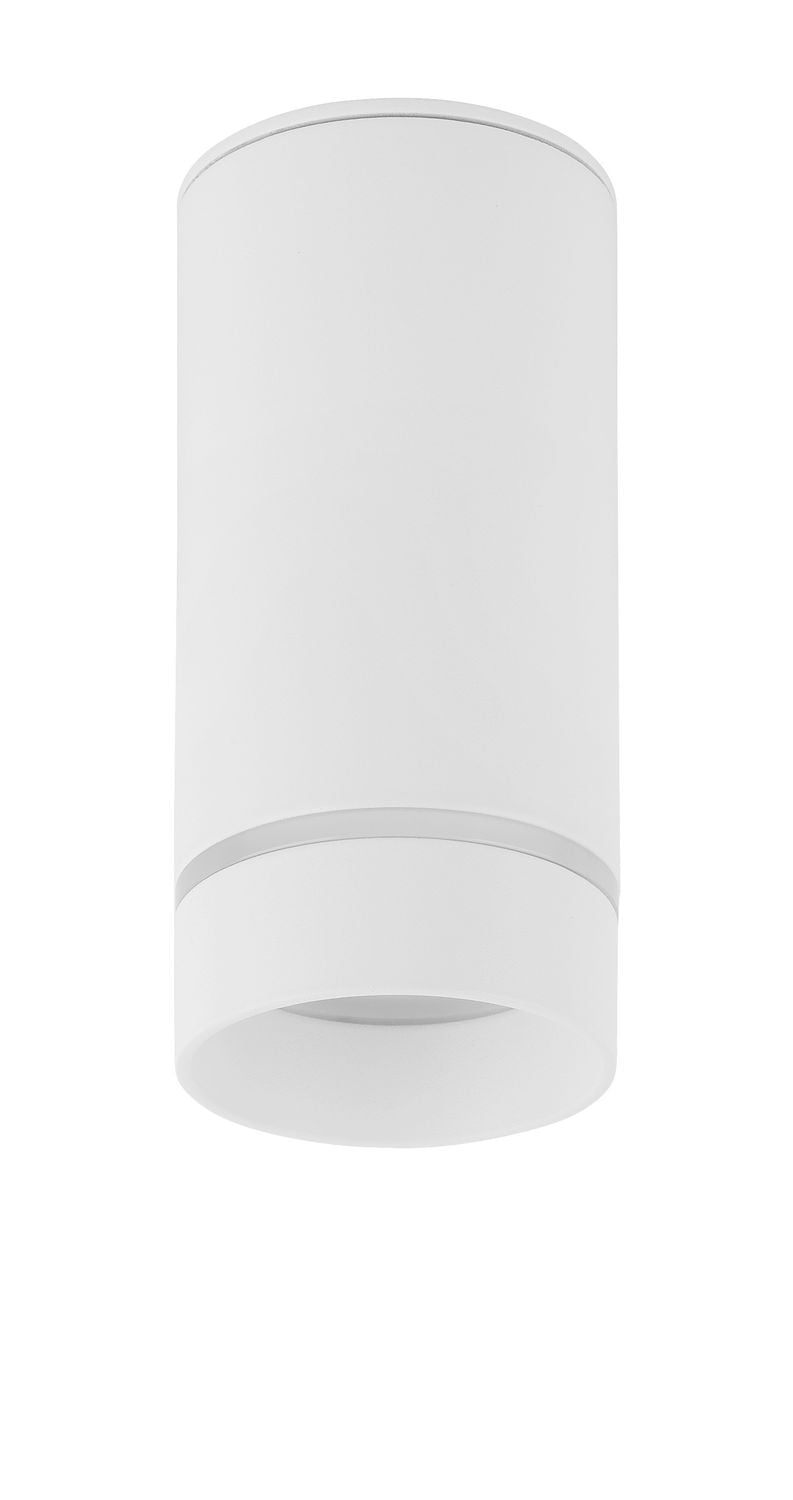 Vue de face du plafonnier cylindrique blanc sur fond blanc, diffuseur visible en partie basse