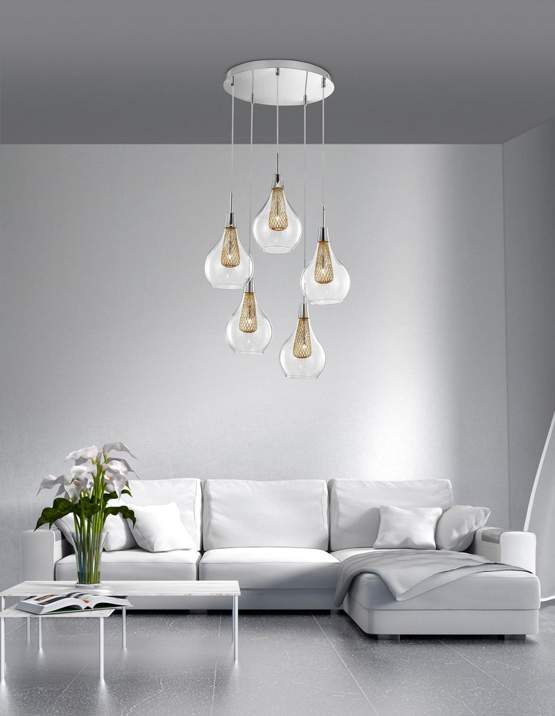 Suspension Filo 5 lumières dorée, verre
