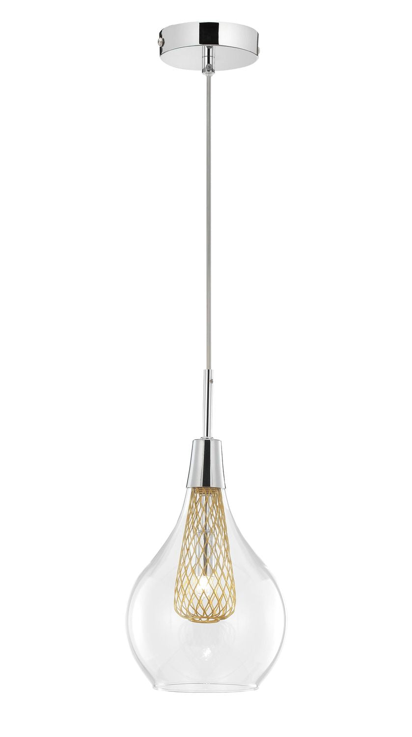 Produit de face sur fond blanc, suspension complète avec verre transparent et cage dorée
