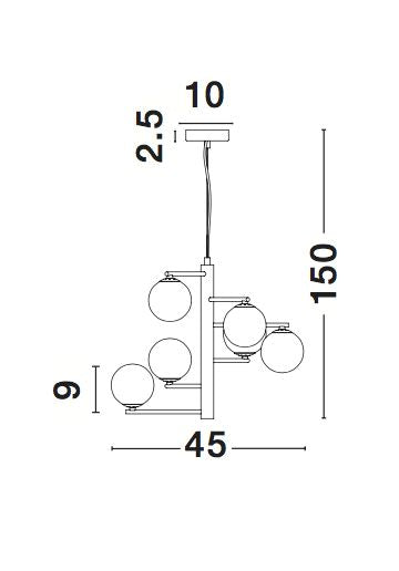 Schéma coté du luminaire : hauteur 150 cm, largeur 45 cm, diamètre des globes 9 cm.