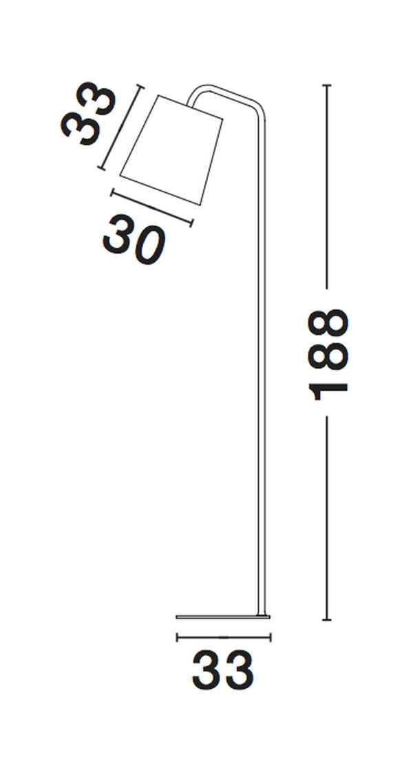 Schéma coté du lampadaire : hauteur 188 cm, base 33 cm, abat-jour 30 cm