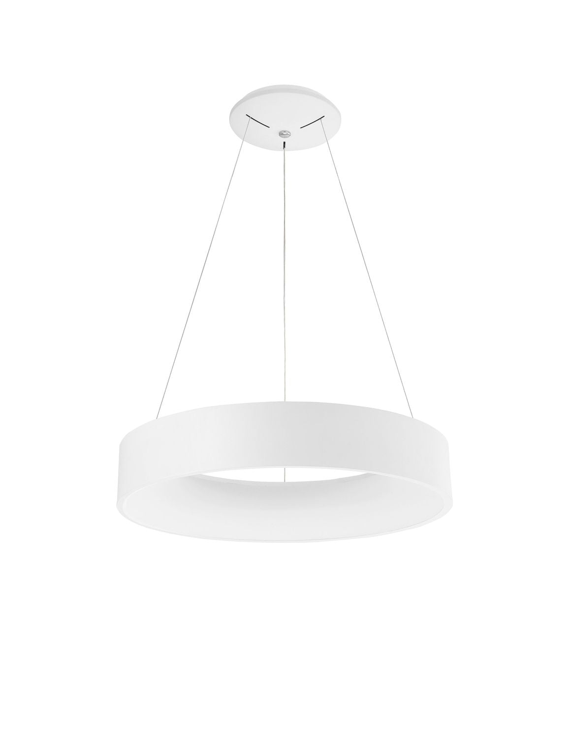 Vue de face du luminaire suspendu blanc sur fond blanc avec câbles fins