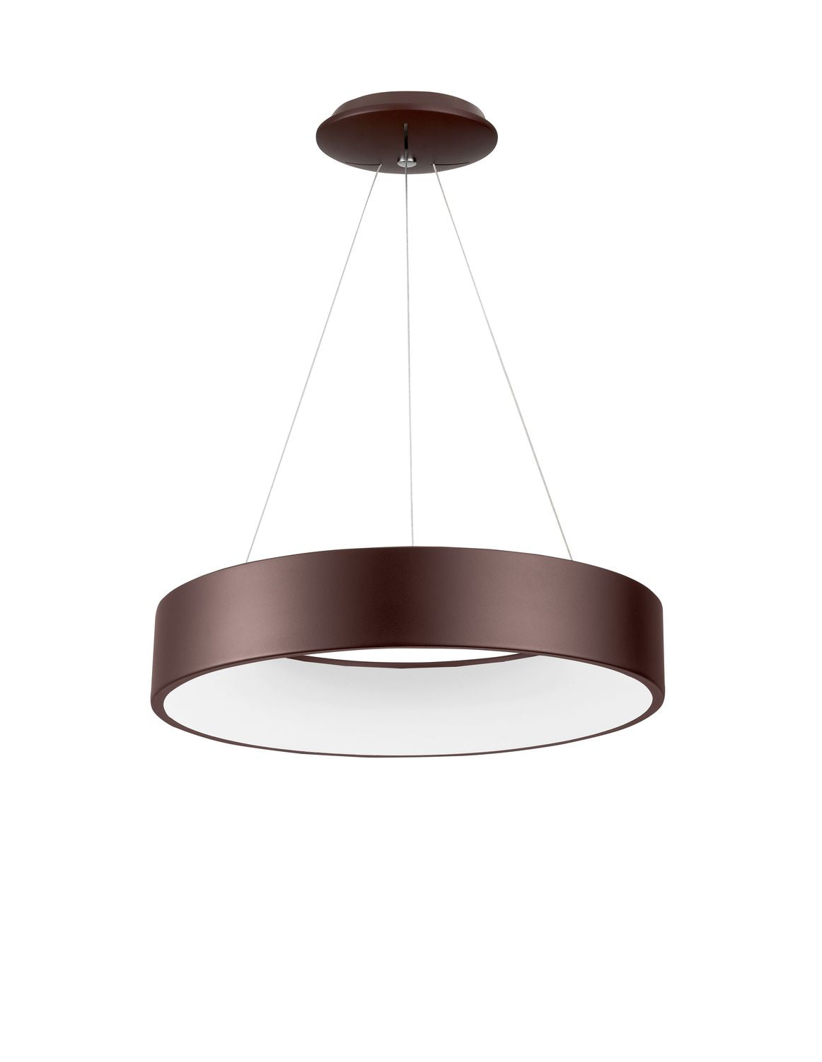 Vue de face du luminaire sur fond blanc : tambour marron et diffuseur blanc
