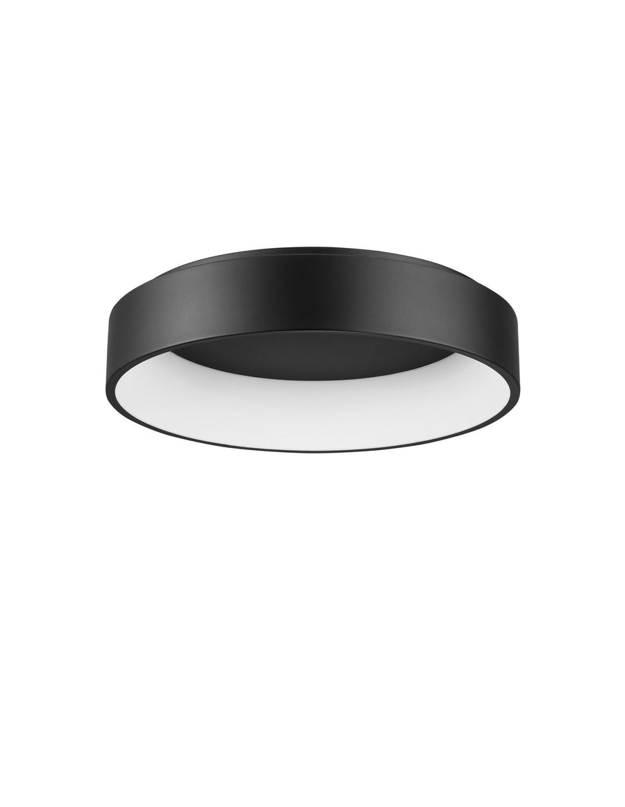 Vue de face du plafonnier noir circulaire avec diffuseur blanc intégré sur fond blanc.