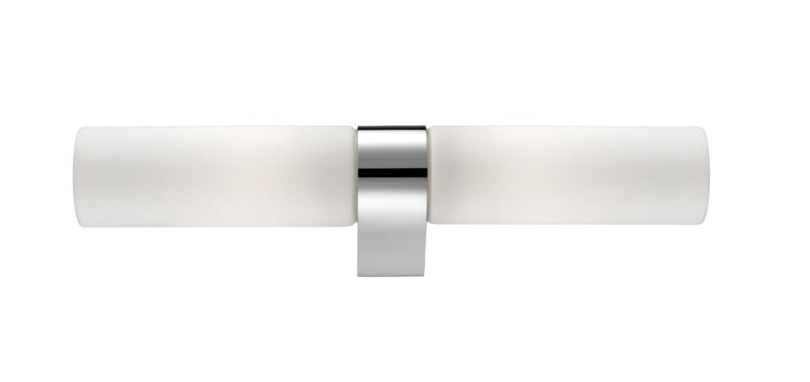 Produit de face sur fond blanc, tubes de verre opalin et support central chromé