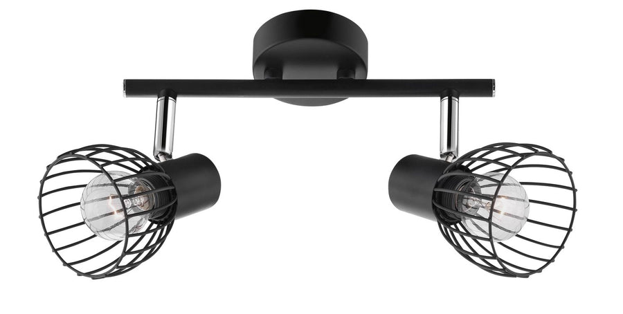 Vue de face du plafonnier noir, deux cages métalliques et ampoules apparentes.