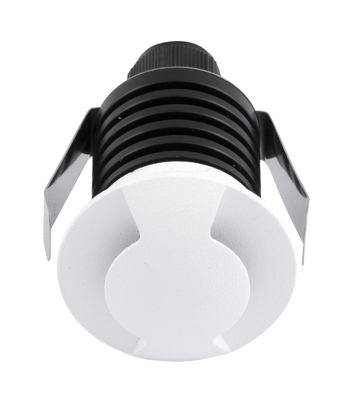 Vue rapprochée du spot encastrable noir et blanc avec ressorts de fixation sur fond blanc.