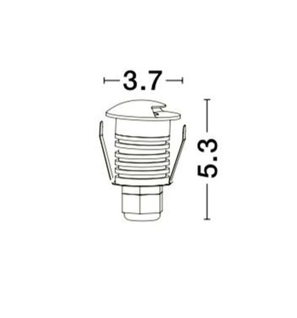 Schéma de dimensions du spot : largeur 3,7 et hauteur 5,3 centimètres.