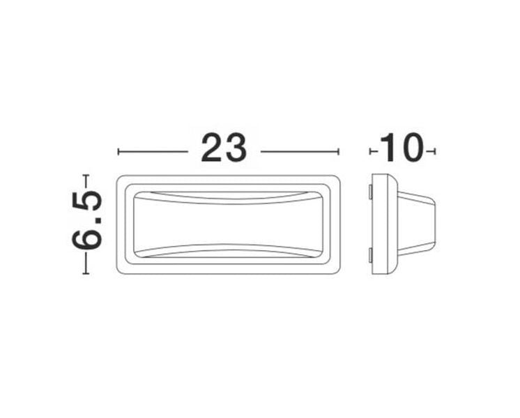 Schéma coté montrant 23 cm de large, 6,5 cm de haut et 10 cm de profondeur