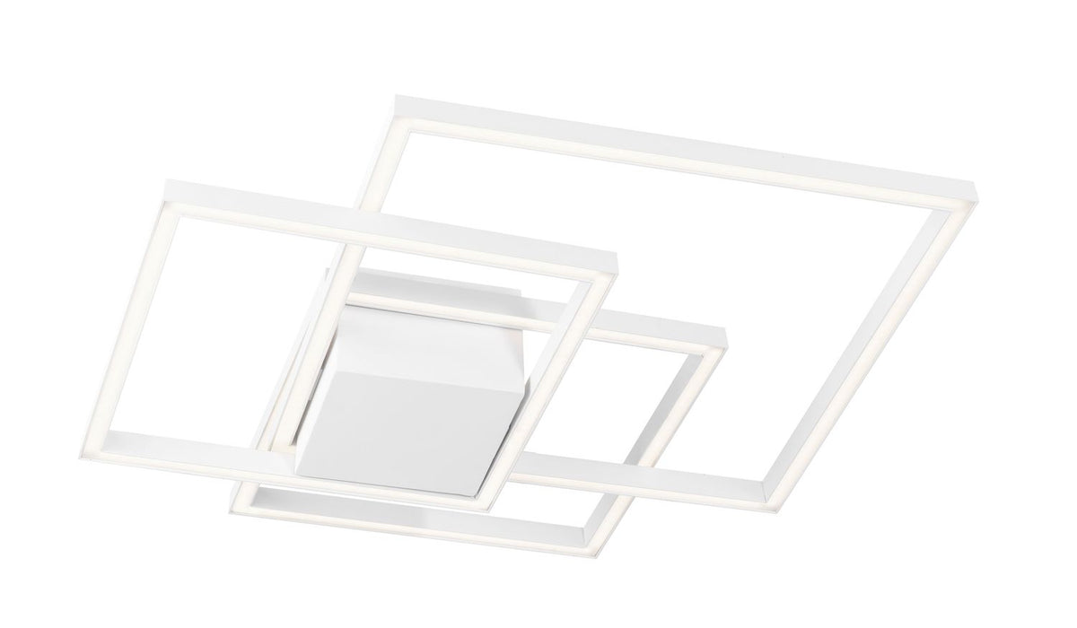 Vue de trois quarts du luminaire blanc sur fond blanc, cadres géométriques emboîtés