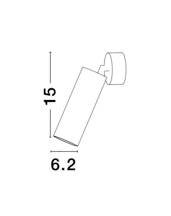 Schéma coté du luminaire indiquant 15 cm de longueur et 6,2 cm de diamètre