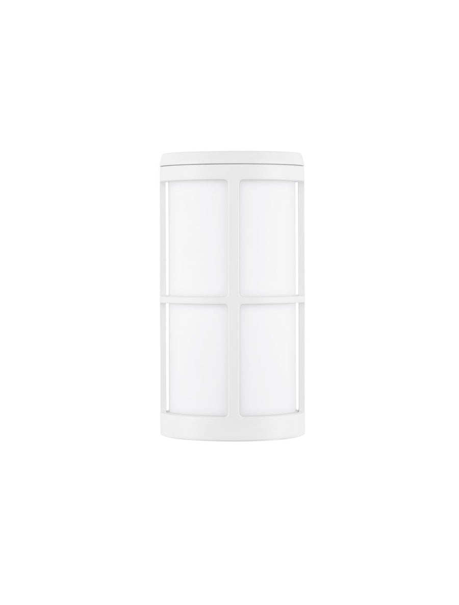 Vue de face du luminaire mural blanc sur fond neutre, grille en croisillon