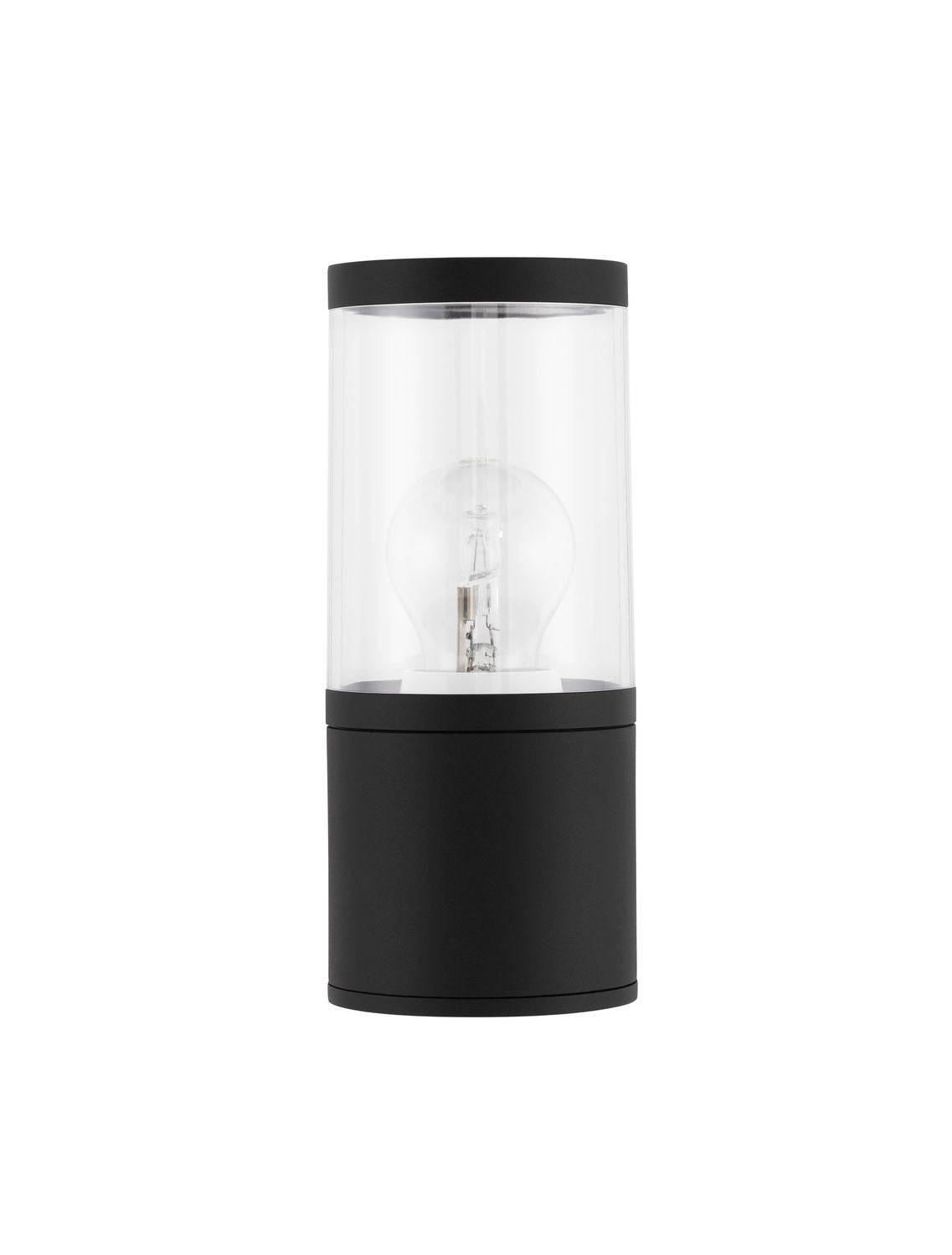 Vue de face du luminaire noir cylindrique avec verre transparent et ampoule visible.