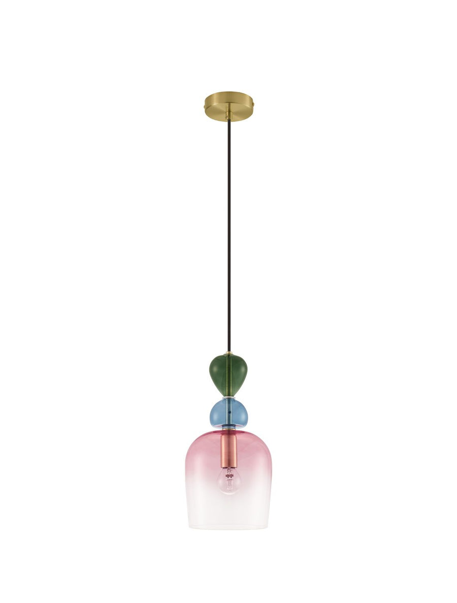 Vue de face du luminaire suspendu avec sa longue corde et son support plafond doré.