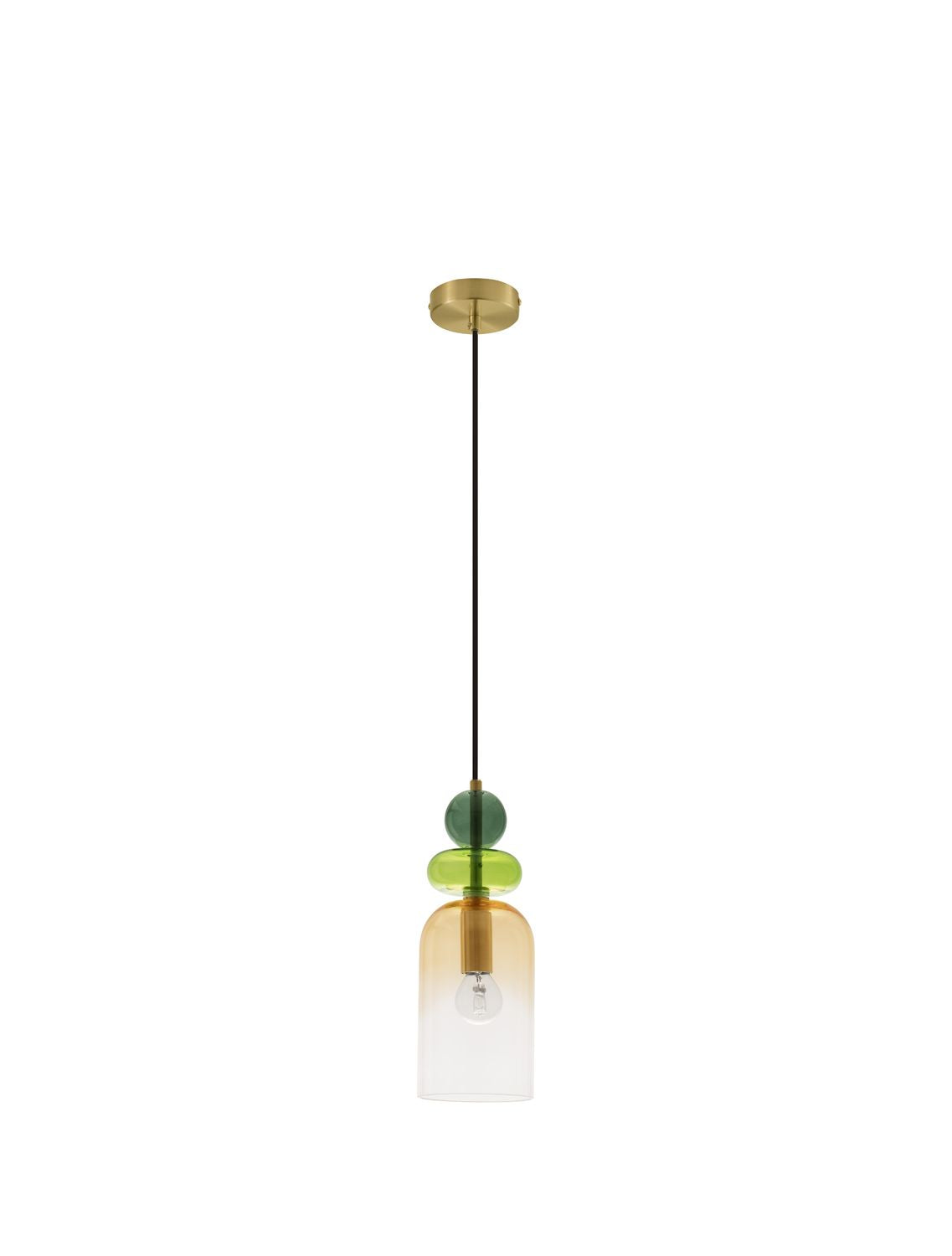 Vue de face du luminaire entier sur fond blanc avec câble et rosace dorée