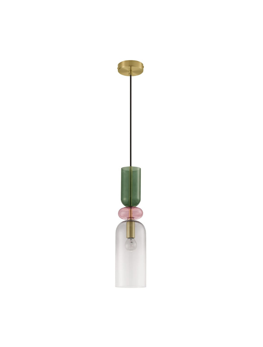 Vue d'ensemble sur fond blanc, verre vert, rose et transparent empilés.