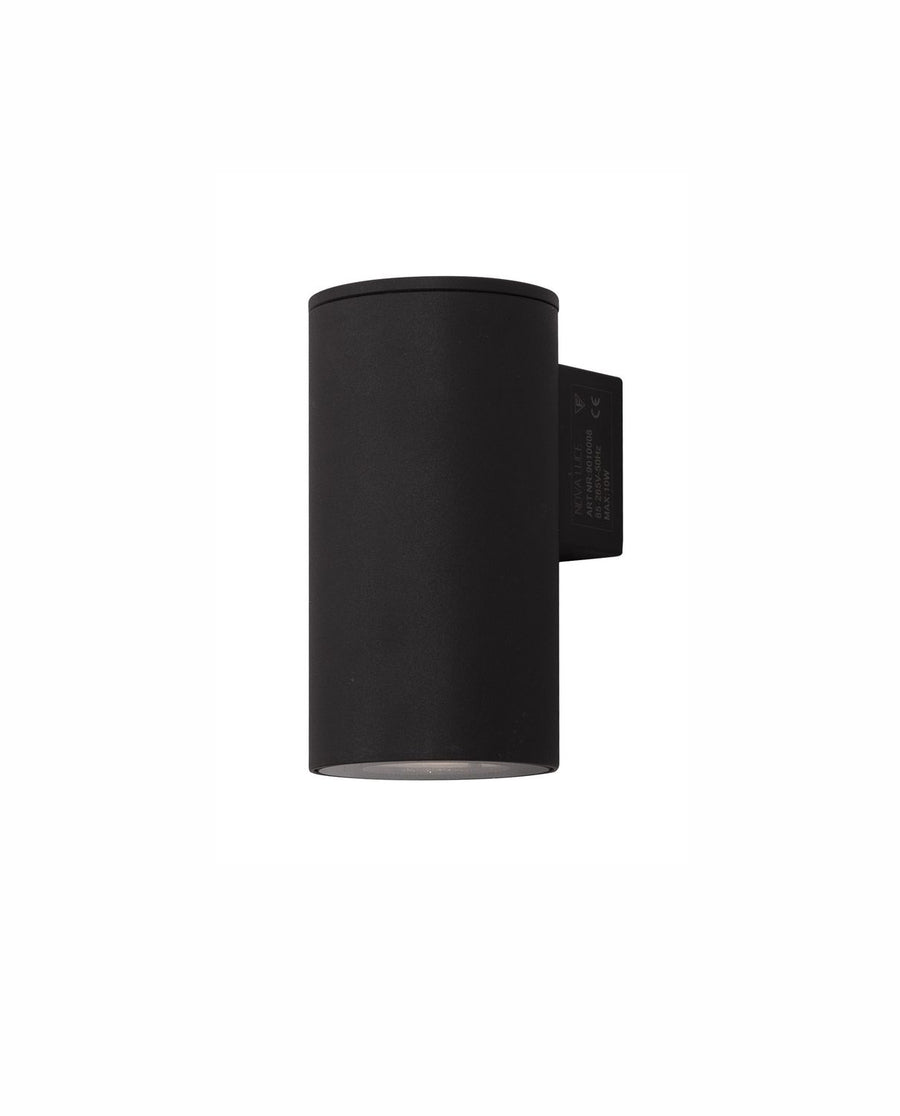 Vue de face du luminaire cylindrique noir sur fond blanc, support mural visible.