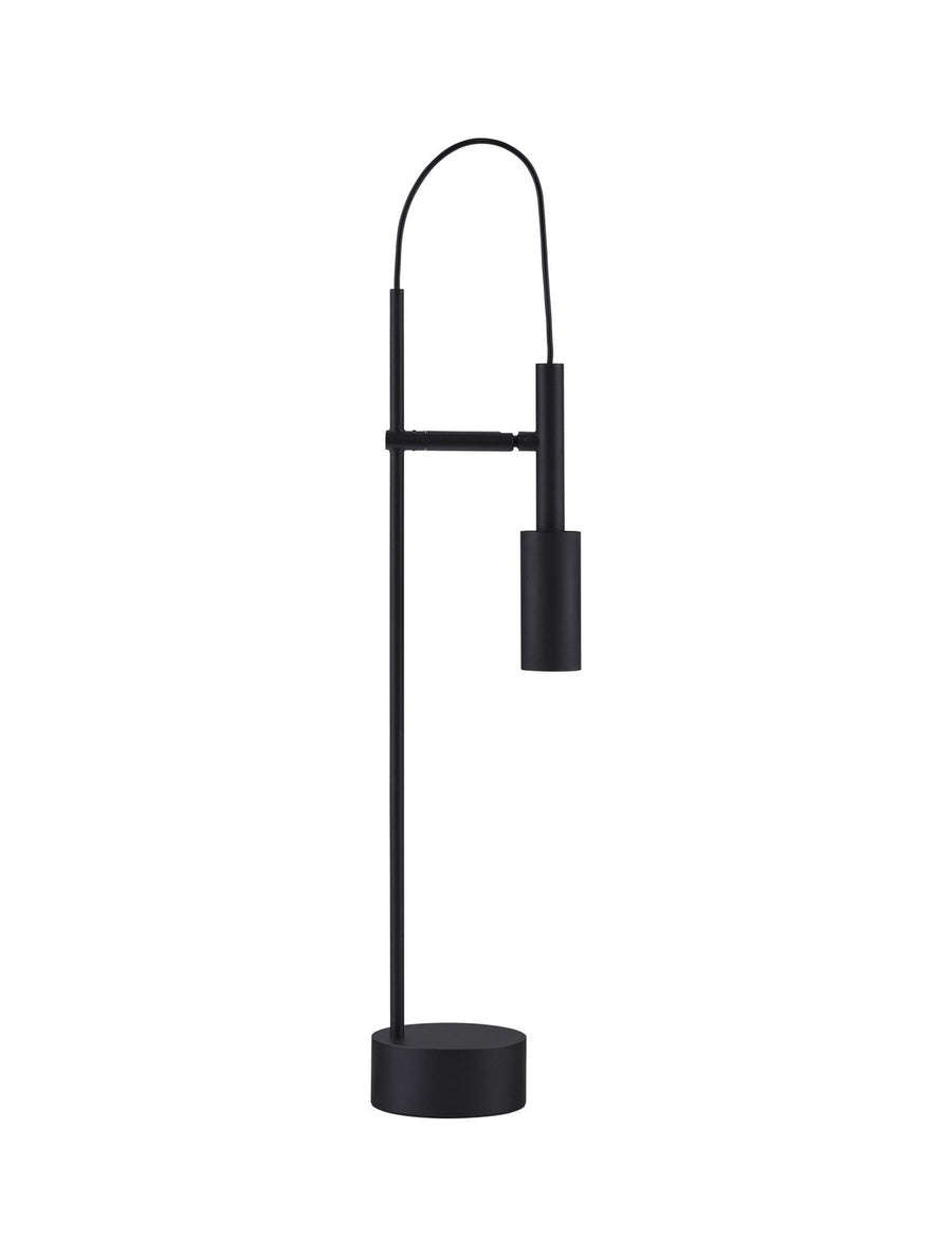 Produit de face sur fond blanc, tige fine, bras articulé et abat-jour cylindrique noir