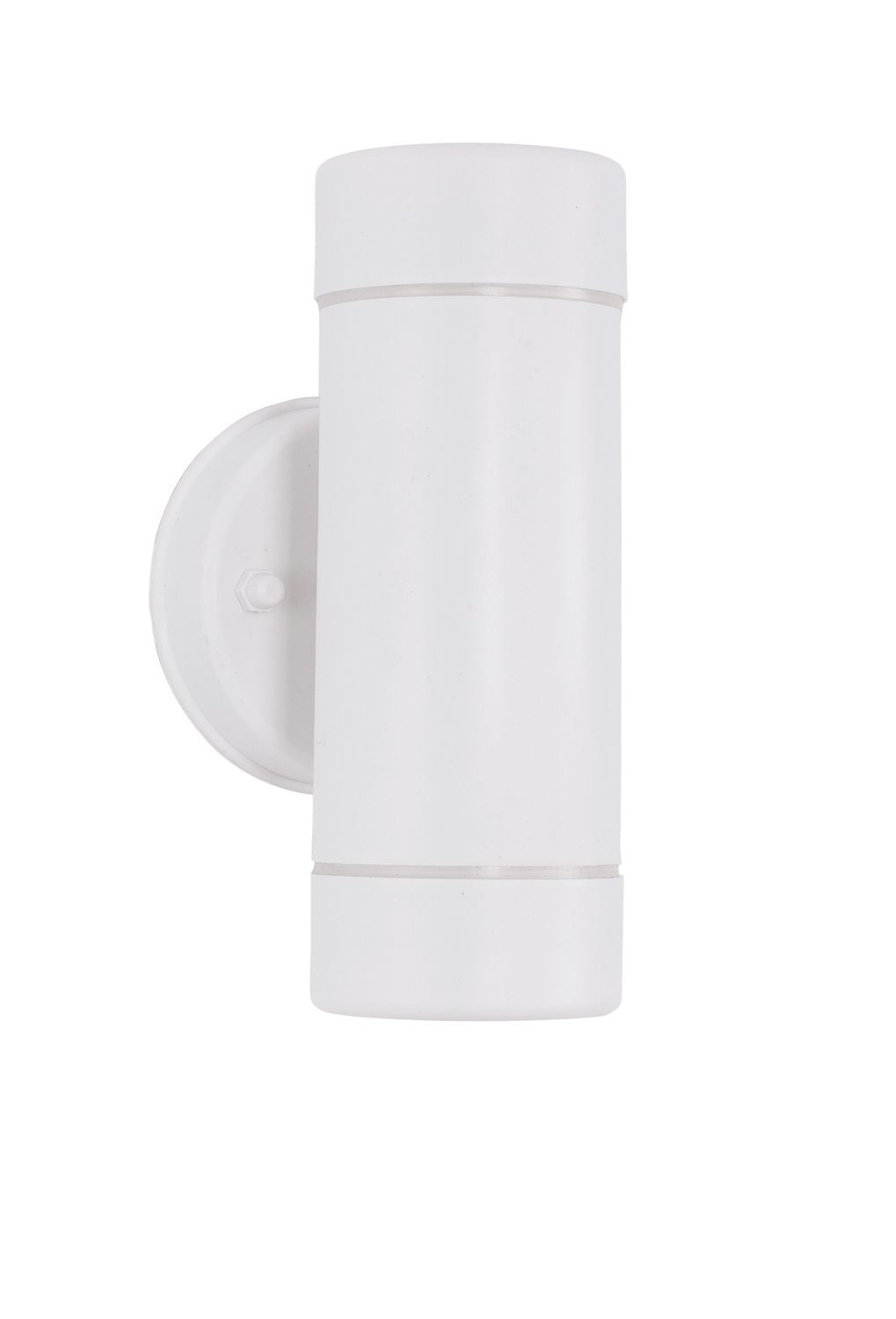 Vue de profil du luminaire blanc sur fond blanc, platine ronde visible