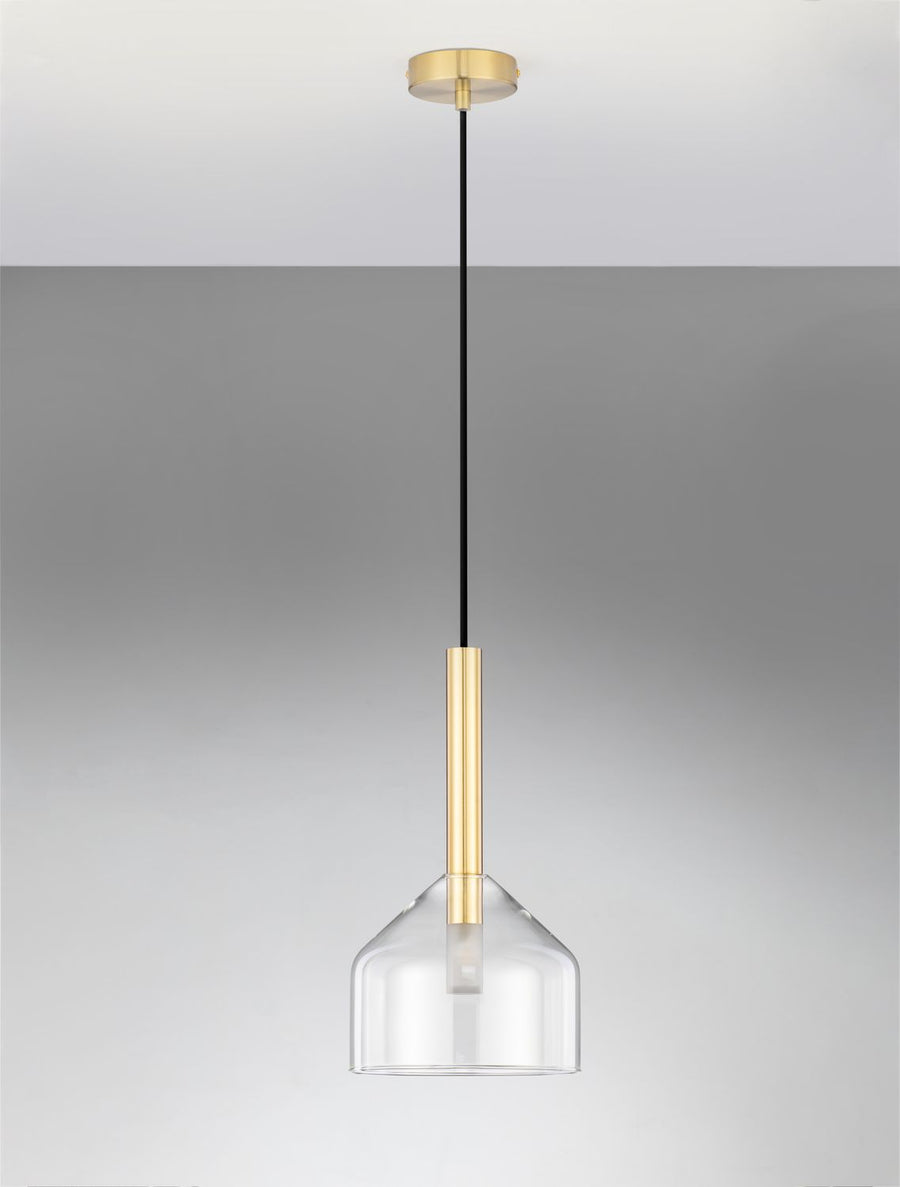 Présentation de face sur fond gris clair, suspension dorée avec câble noir et verre transparent.