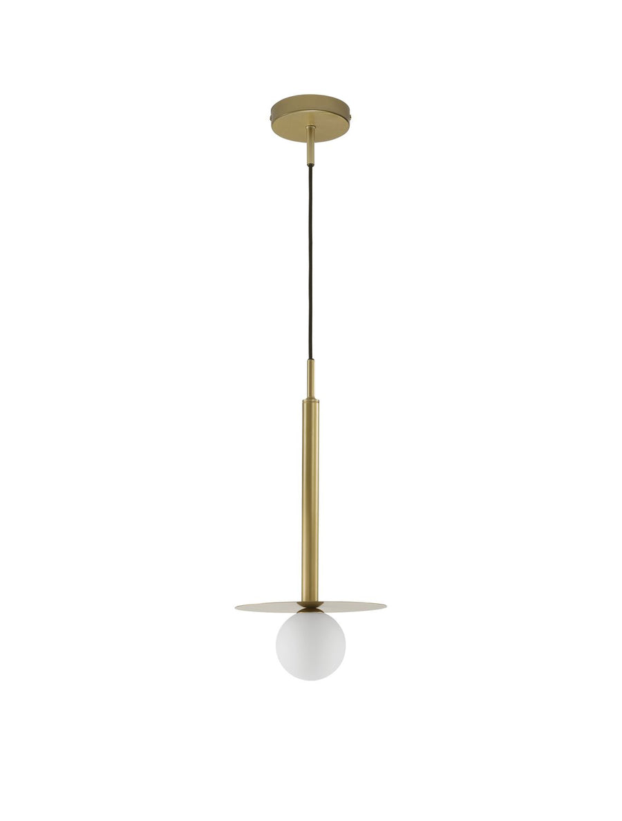 Vue entière du luminaire sur fond blanc, câble et rosace dorée visibles