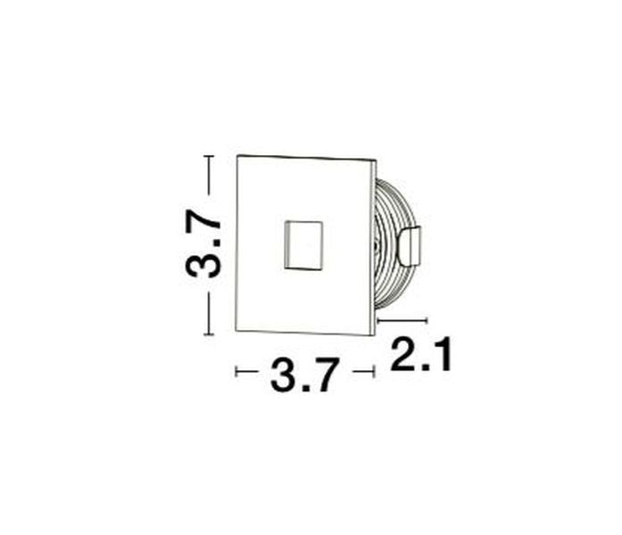 Schéma coté du luminaire indiquant 3,7 cm de côté et 2,1 cm de profondeur